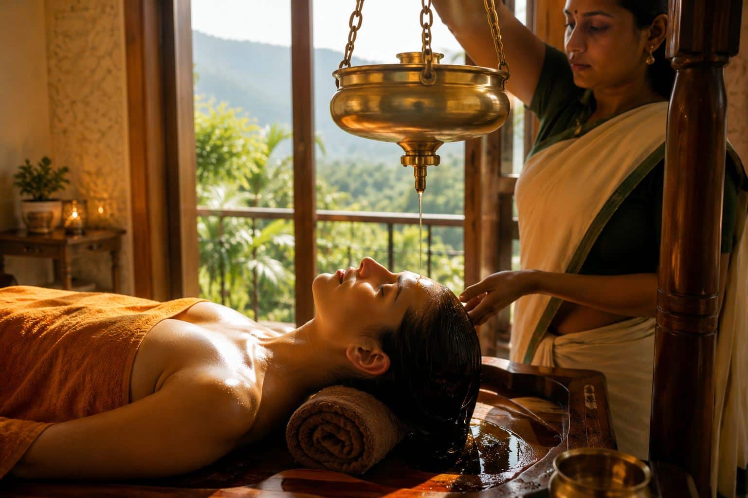 A guest receiving a traditional Ayurvedic shirodhara treatment