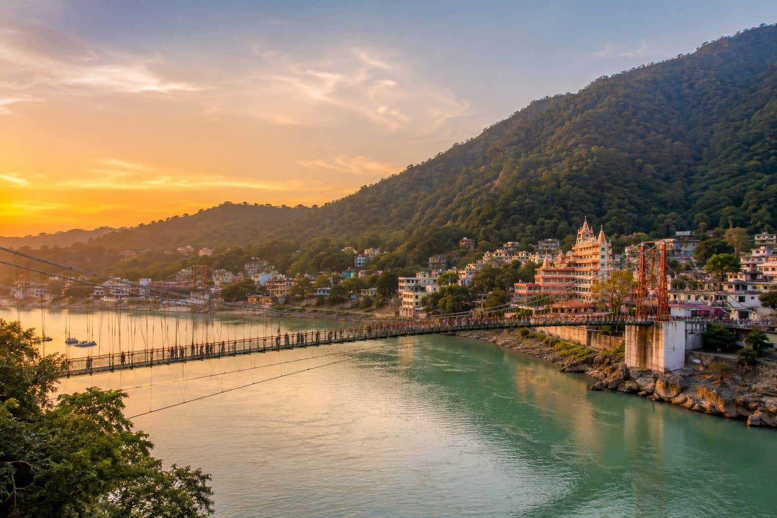 Laxman Jhula bridge at golden sunset
